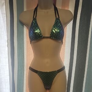 Holographic Mermaid Scale Green Triangle Bikini Set